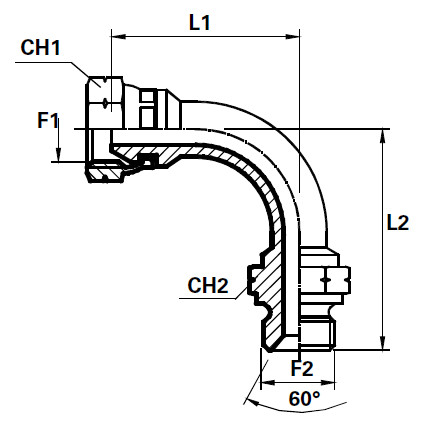 Cot la 90° de legatura tip teava cu niplu si piulita sertizata filet METRIC poza tehnica